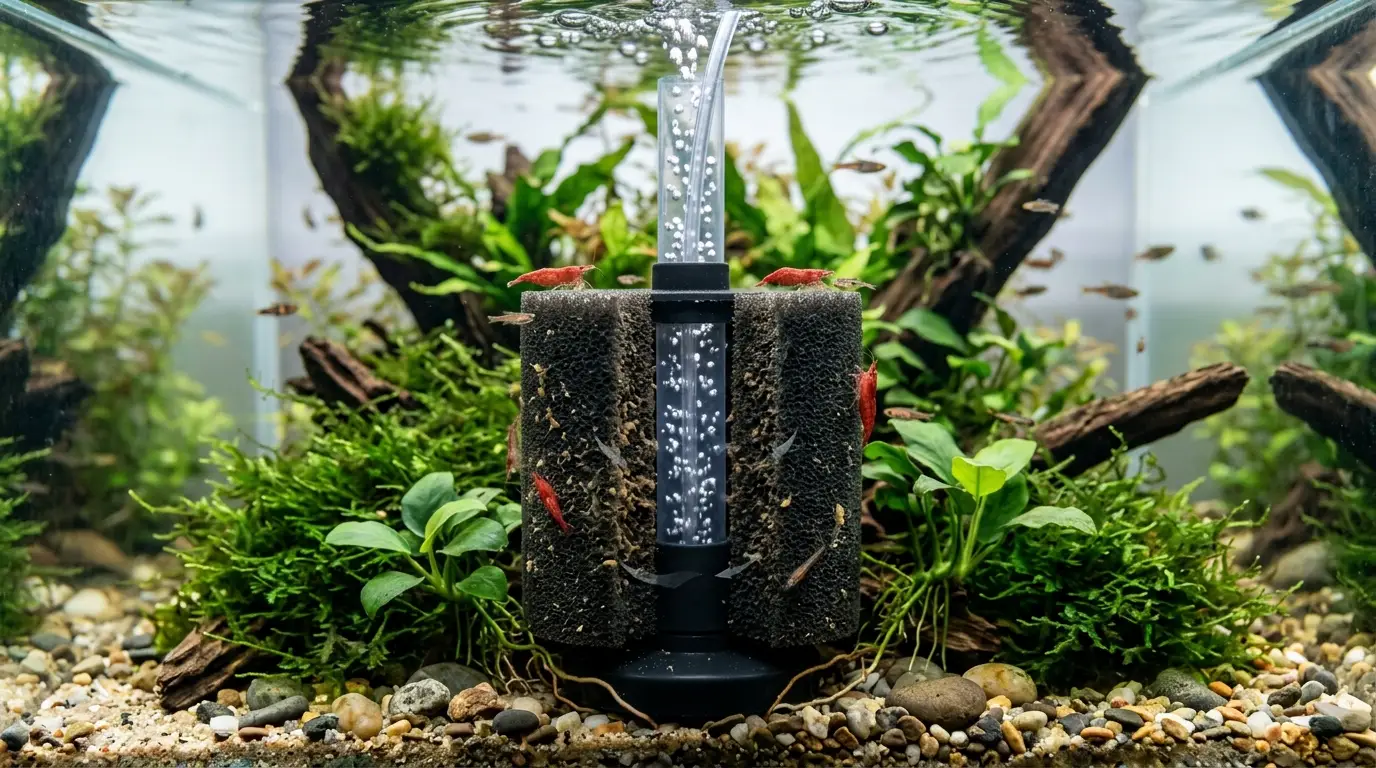 Sponge filter drawing aquarium water through porous foam while beneficial bacteria grow on its surface.