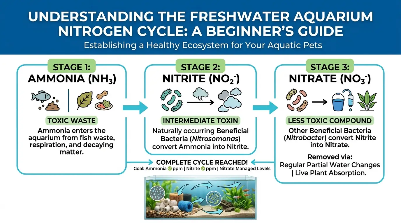 Educational aquarium nitrogen cycle showing ammonia changing to nitrite and nitrate during fishless tank cycling