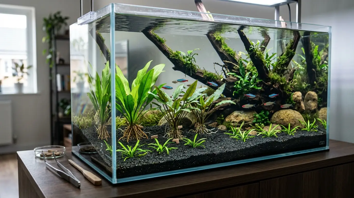A planted freshwater aquarium showing healthy rooted plants correctly positioned in substrate with proper spacing and natural aquascaping.