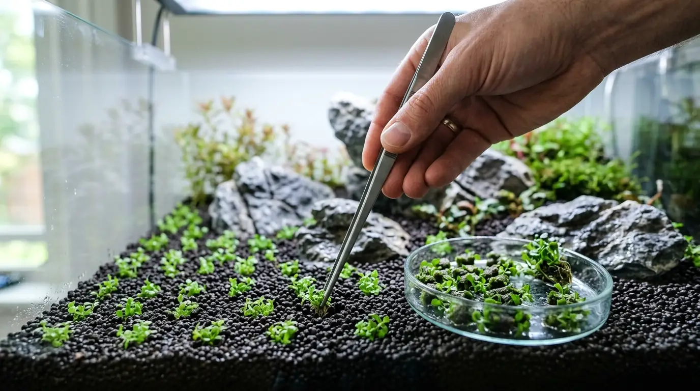 Aquascaper planting small carpeting plant plugs into aquarium substrate with long planting tweezers