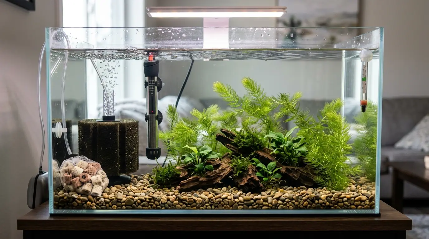 A new freshwater aquarium with strong aeration, seeded biological filter media, warm water, and healthy aquatic plants to support beneficial bacteria.