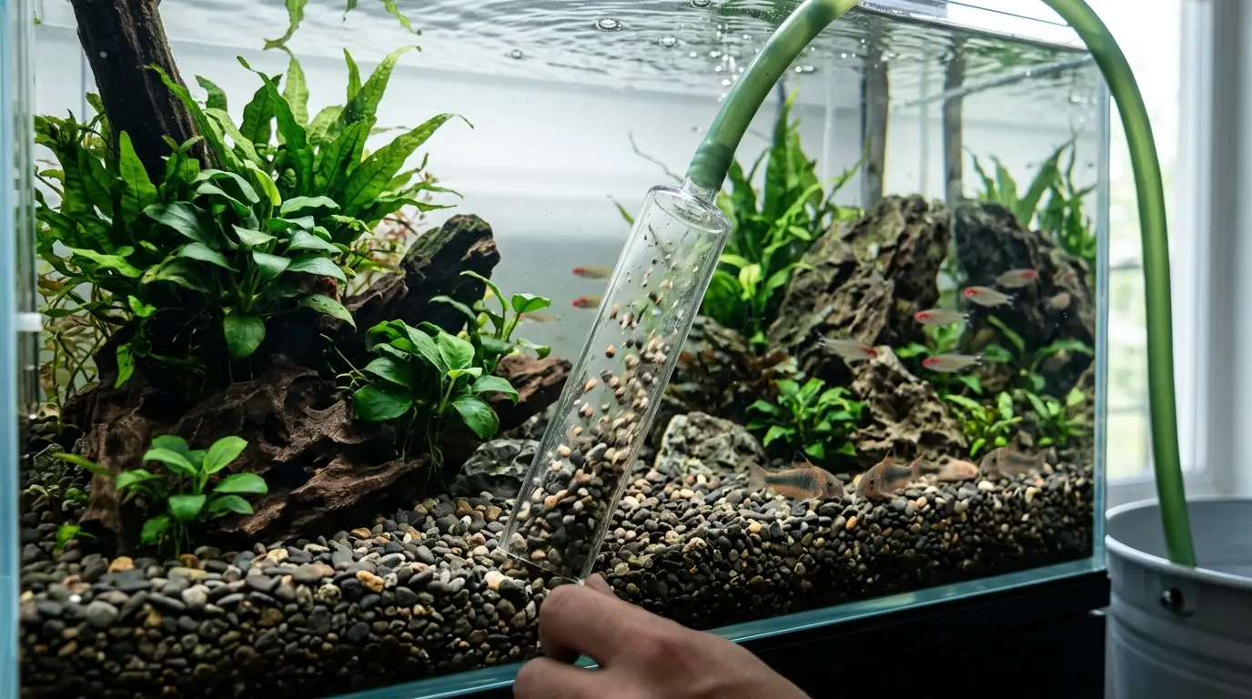 A gravel siphon gently lifting debris from aquarium substrate during a routine freshwater aquarium water change.