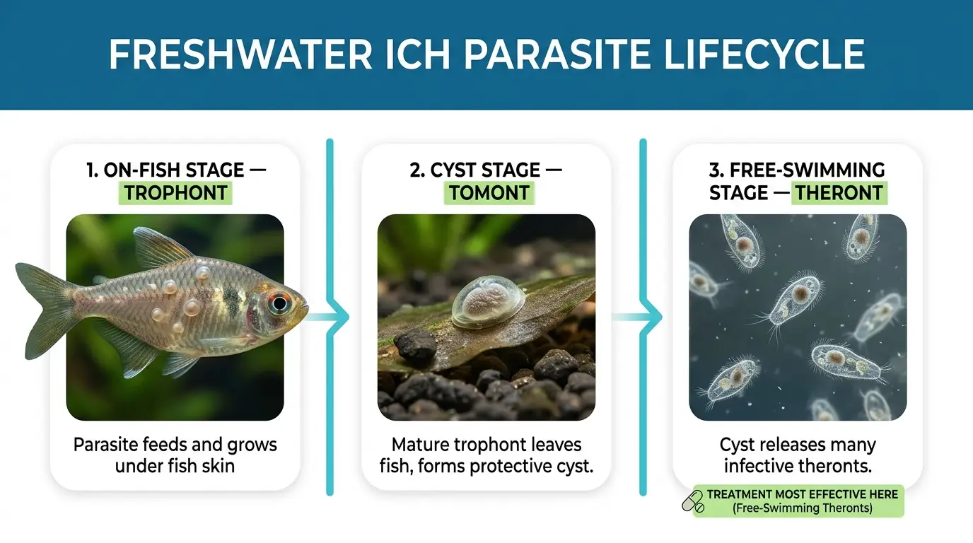 Educational illustration explaining the freshwater ich parasite lifecycle from trophont to tomont and theront
