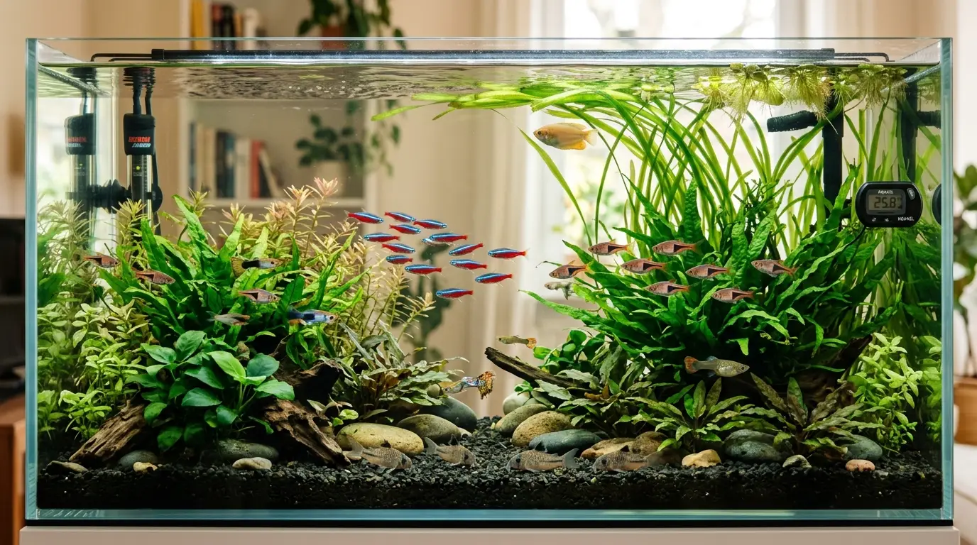 Tropical community aquarium with healthy fish and lush plants representing a stable 78°F water temperature