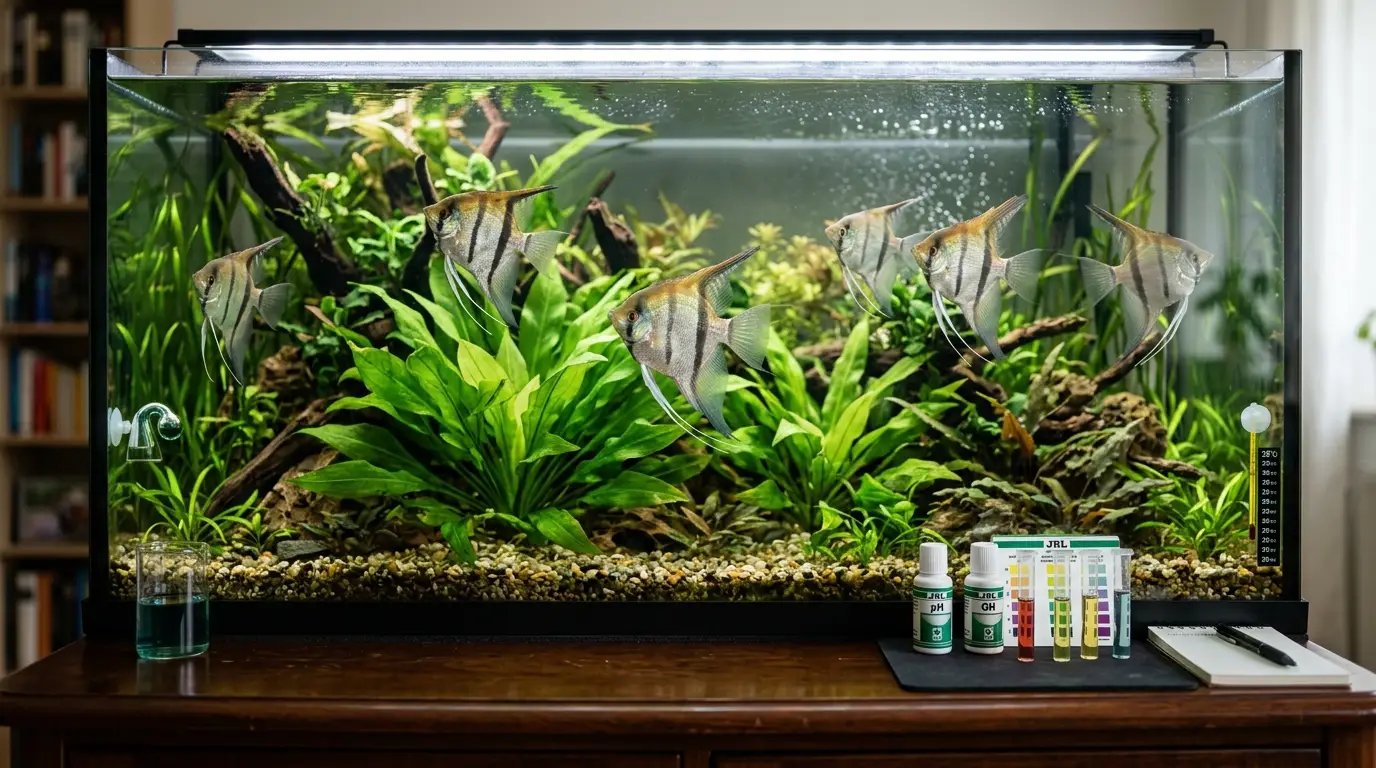 Healthy angelfish in a clean warm planted aquarium with stable soft-water conditions and gentle circulation.