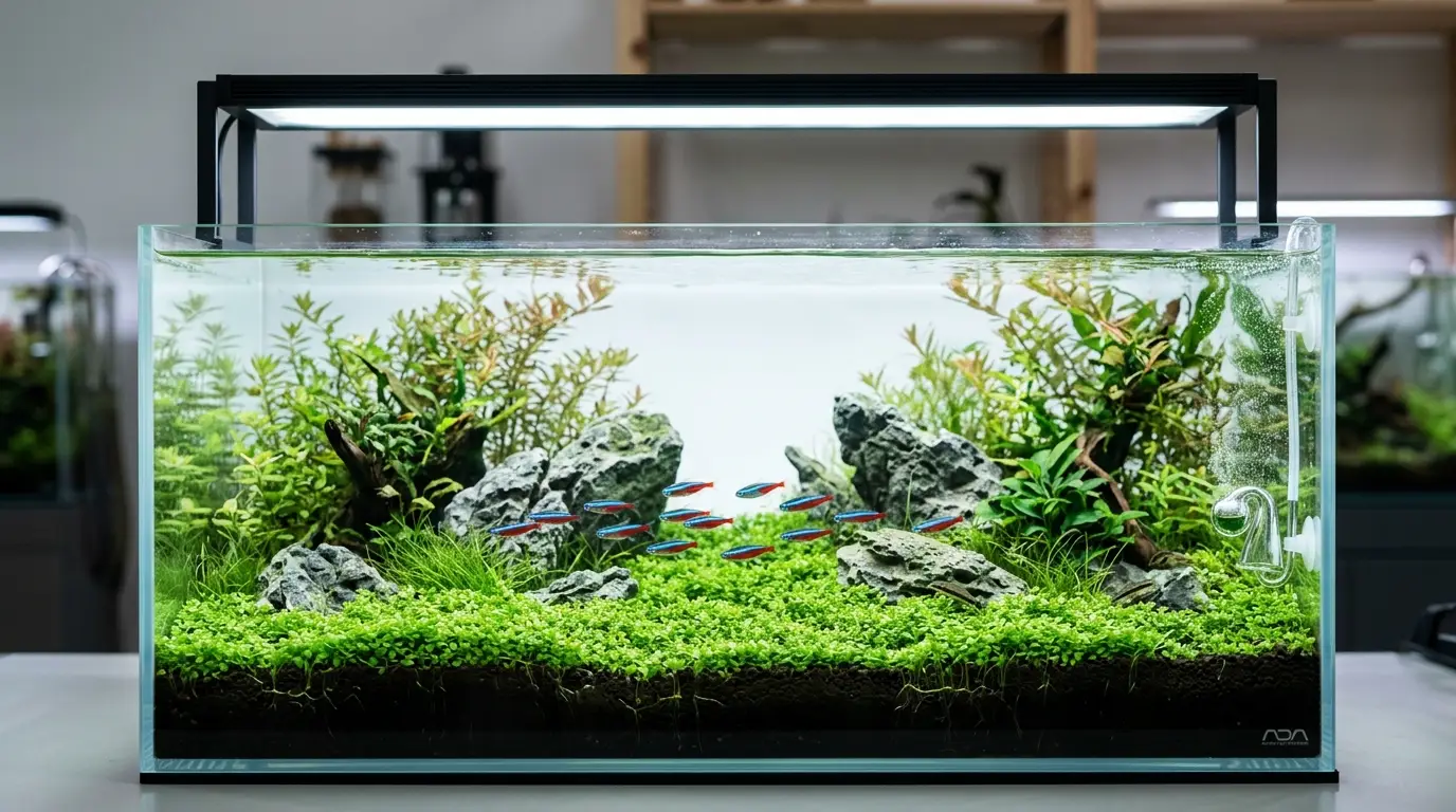 Professional planted aquarium showing balanced lighting, healthy carpeting plants, nutrient-rich substrate, and gentle water movement