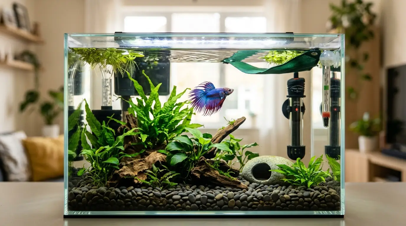 Healthy betta swimming in a warm, planted 5-gallon aquarium with gentle filtration and a leaf hammock.