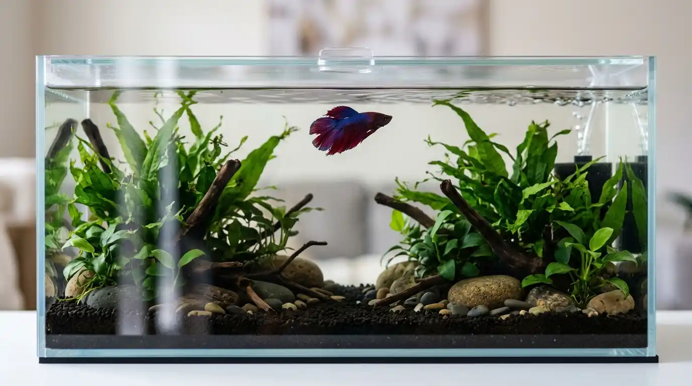 Healthy betta swimming in a long rectangular 5-gallon aquarium with secure lid and surface access.