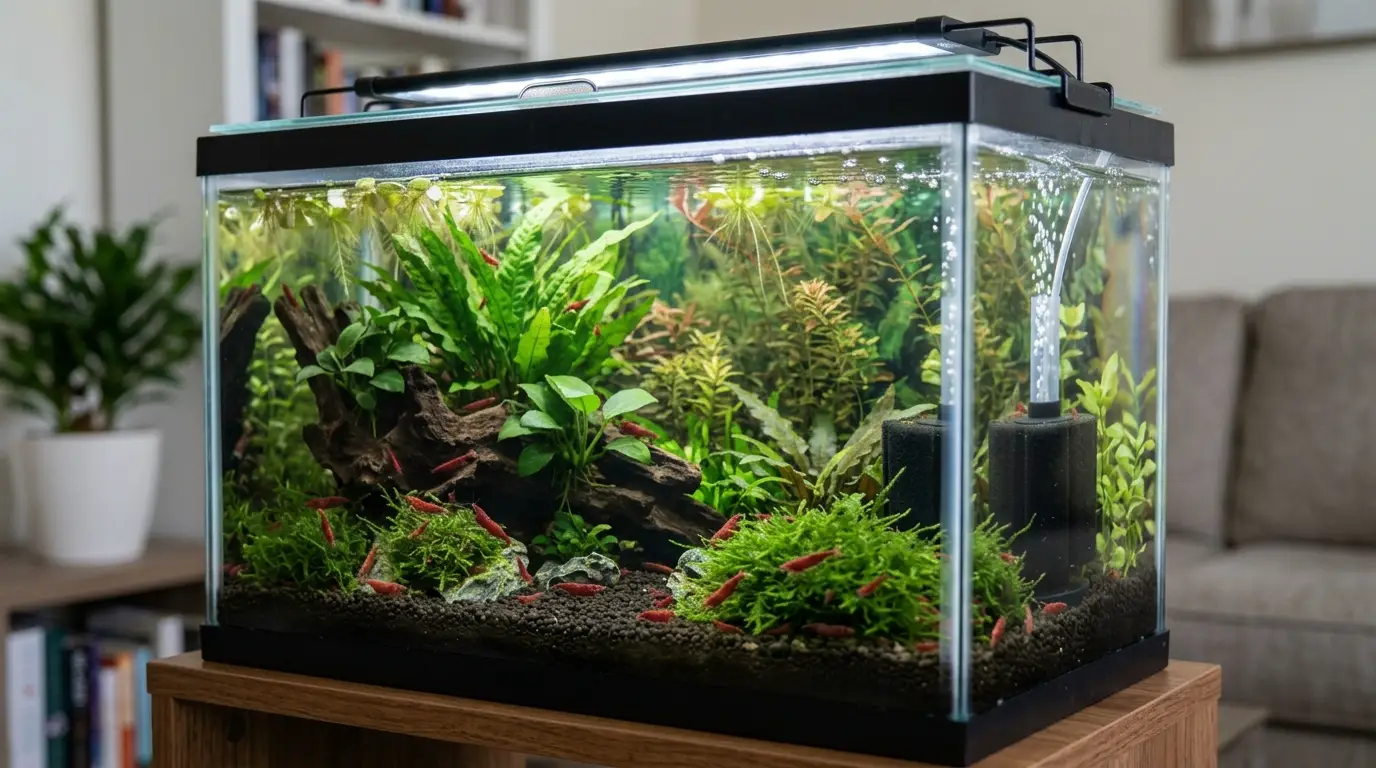 Cherry shrimp planted aquarium with sponge filter, moss, driftwood, substrate and gentle water flow