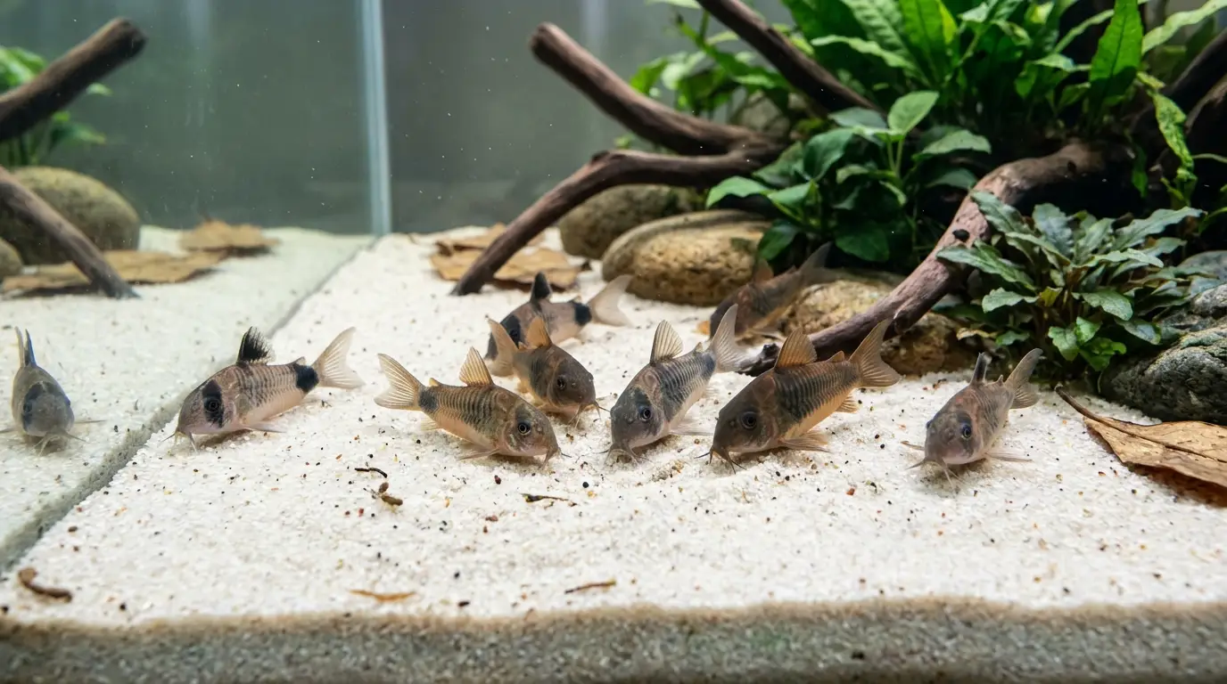 Corydoras catfish exploring fine sand and smooth natural décor in a planted aquarium