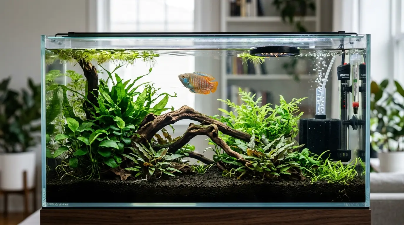Planted 15-gallon freshwater aquarium with dwarf gourami, gentle filtration, heater, floating plants, and stable water conditions.