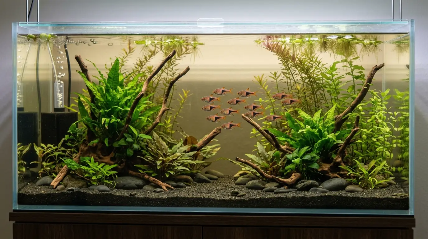 Long planted aquarium with driftwood, dark substrate, aquatic plants, and gentle filtration designed for harlequin rasboras