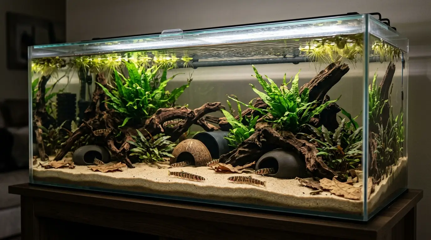 Kuhli loach aquarium with fine sand, driftwood, caves, leaf litter, plants, gentle filtration, and low lighting.