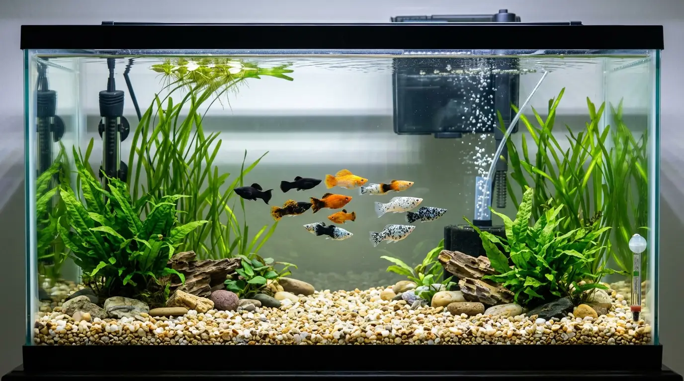Spacious molly aquarium with hard water setup, filtration, heater, plants, and open swimming space