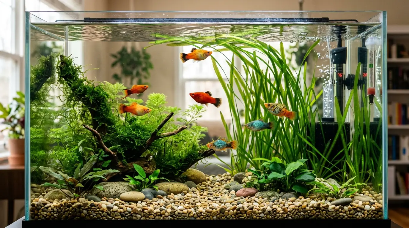 Platy fish in a planted aquarium with gentle filtration, stable warm water, smooth substrate, and natural hiding areas.