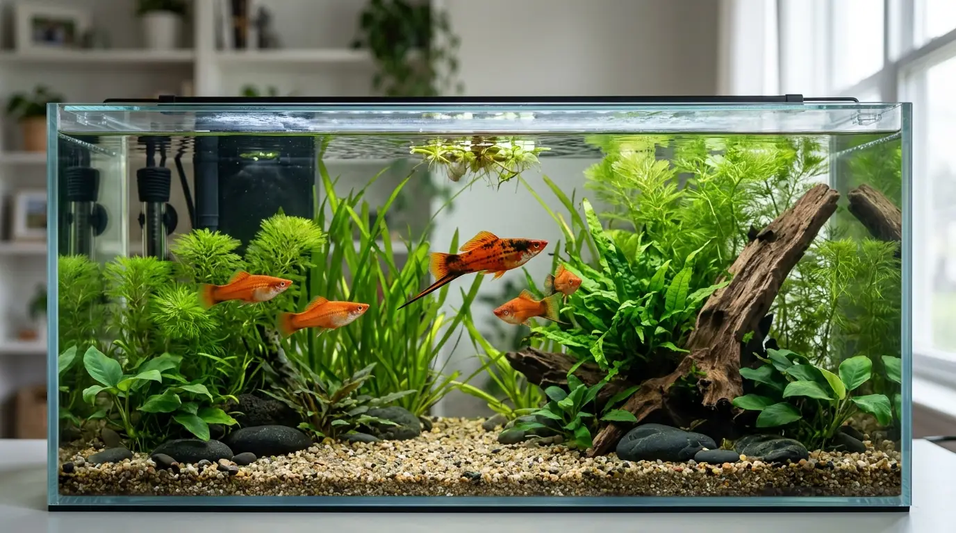 Swordtail fish swimming in a 20-gallon long planted aquarium with open swimming space, floating plants, gentle filtration, and natural decor.