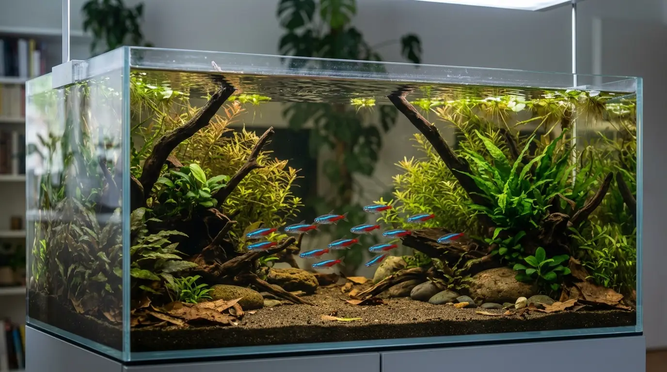 A long planted aquarium providing open swimming space, dark substrate, driftwood, floating plants, and shelter for a school of neon tetras.