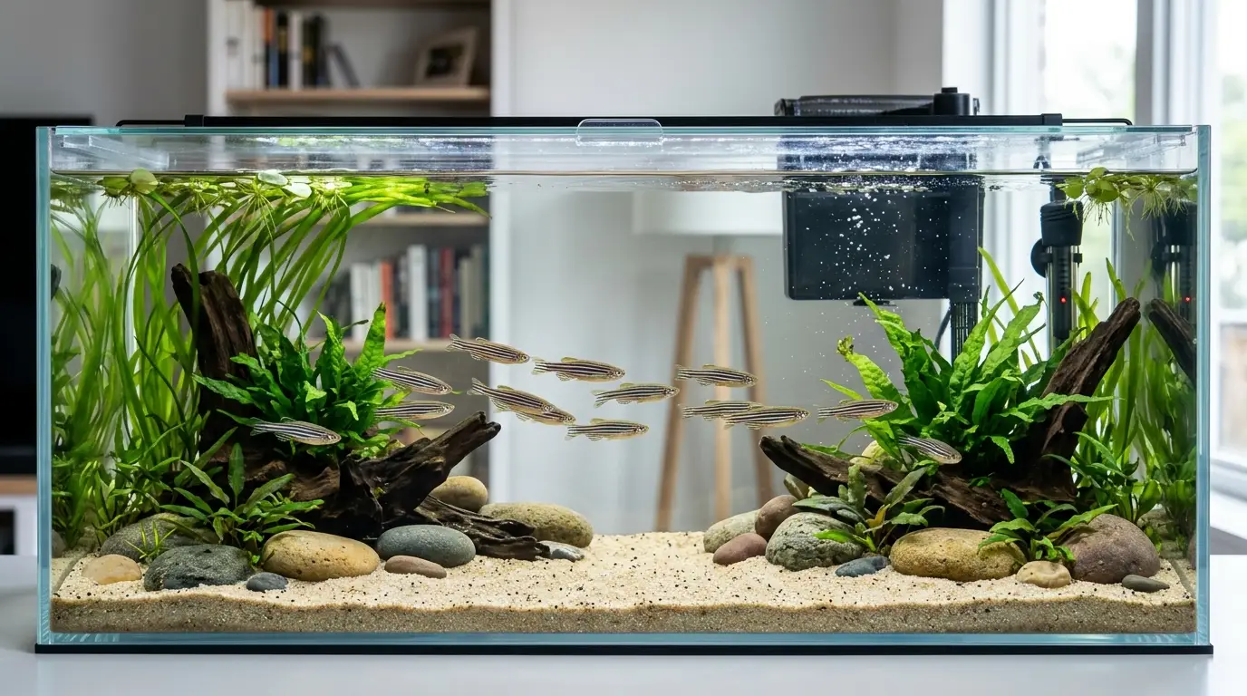 Zebra danios swimming in a 20-gallon long aquarium with open swimming lanes, plants, gentle flow, and appropriate equipment.