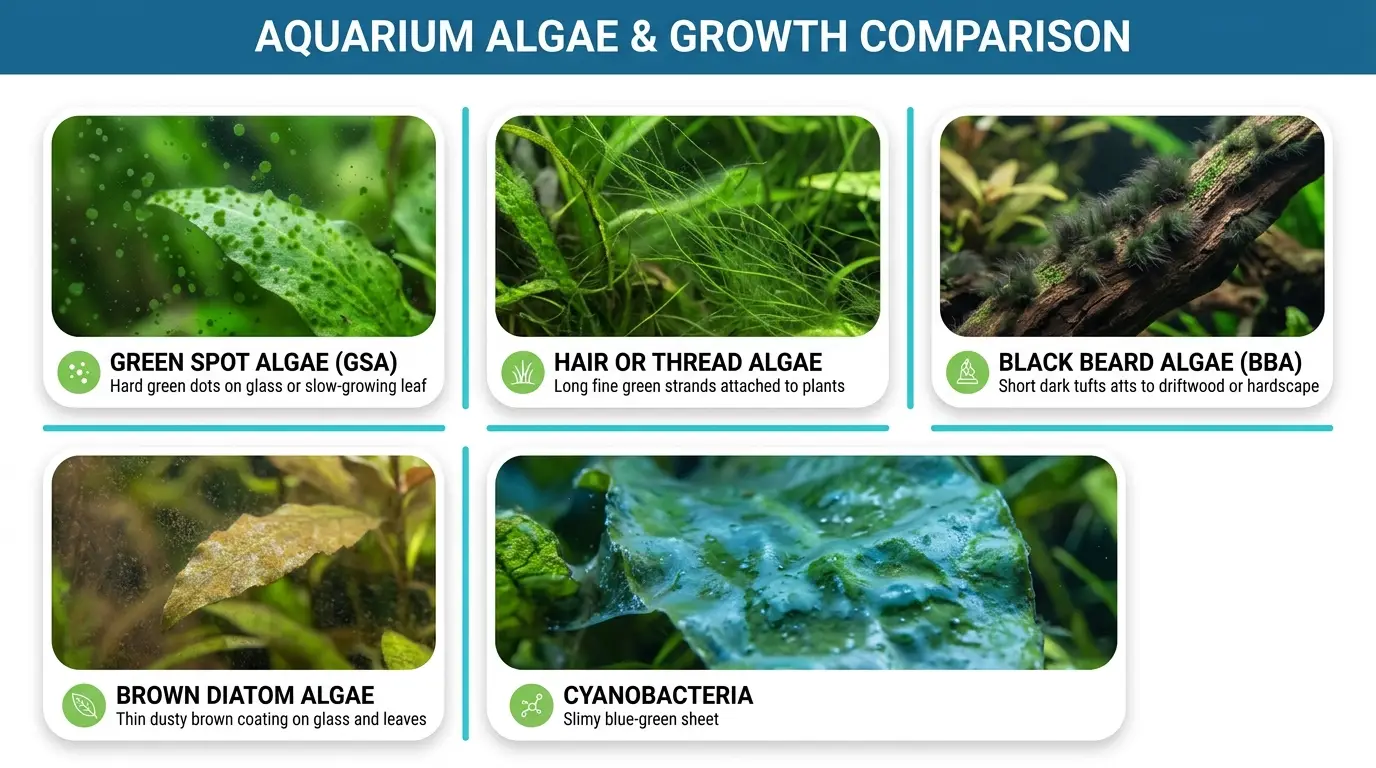 Freshwater aquarium showing green spot, hair algae, black beard algae, and brown diatoms in realistic conditions