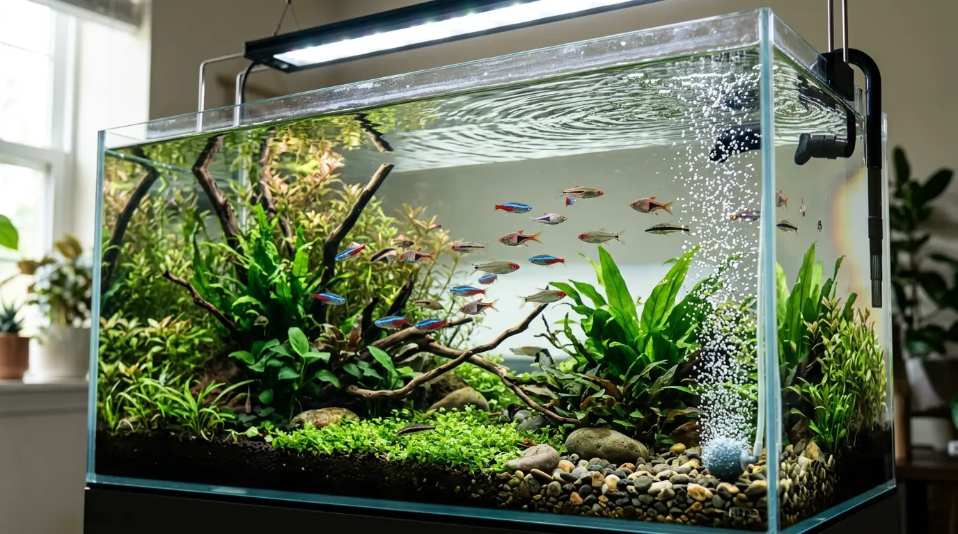 Freshwater aquarium with strong surface agitation and an airstone improving oxygen exchange
