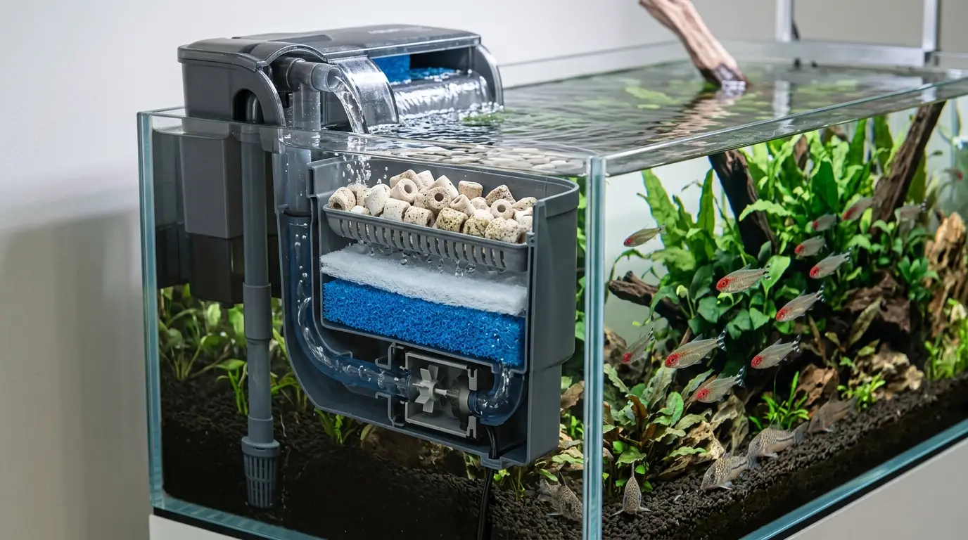 Hang on back aquarium filter showing intake, mechanical media, biological media, and return flow.