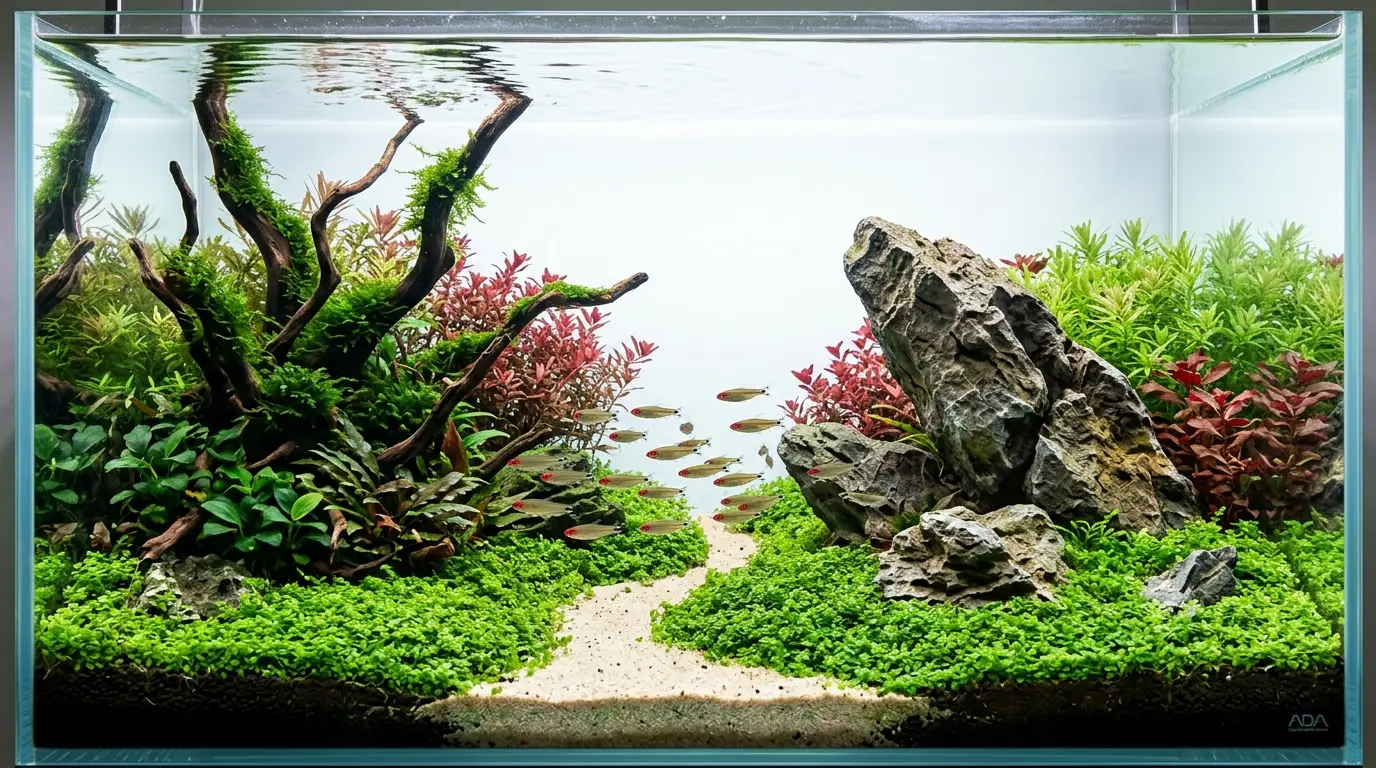 Elegant freshwater aquascape combining a dense green carpet, natural stones, driftwood, and layered aquatic plants
