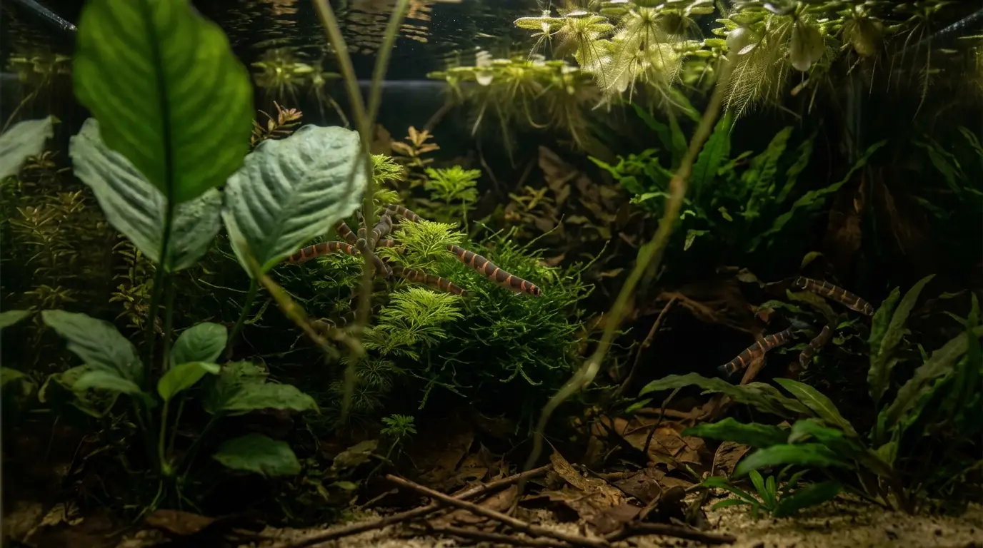 Kuhli loaches in a mature densely planted aquarium with soft acidic water, leaf litter, and spawning cover.