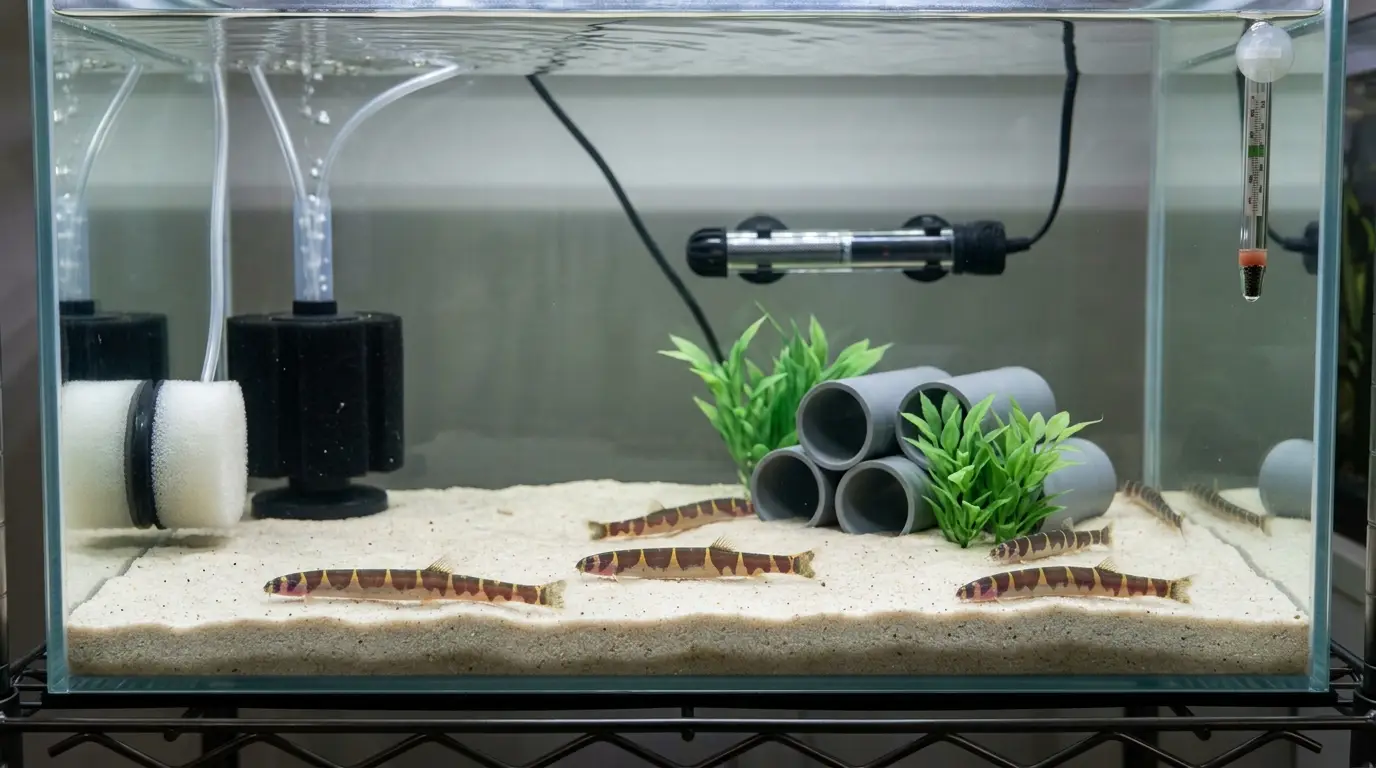 Healthy kuhli loaches in a clean quarantine aquarium with smooth sand, hiding places, and stable water.