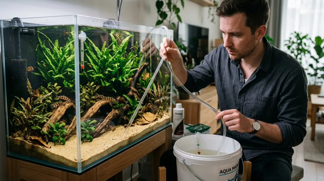Aquarist maintaining a kuhli loach aquarium by siphoning the surface of the sand and preparing a gentle water change.