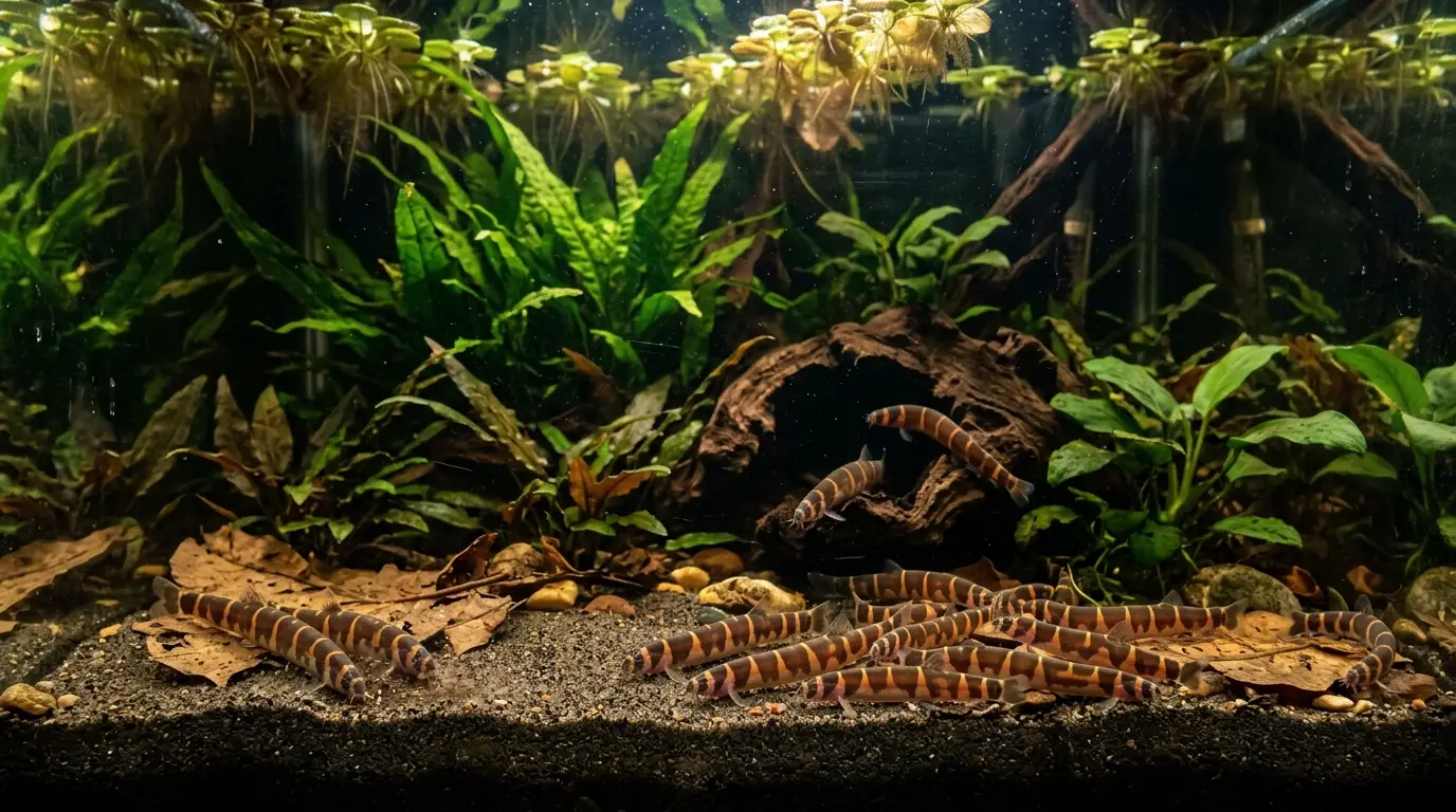 Kuhli loaches moving together through sand, leaf litter, plants, and shaded hiding places in a freshwater aquarium.