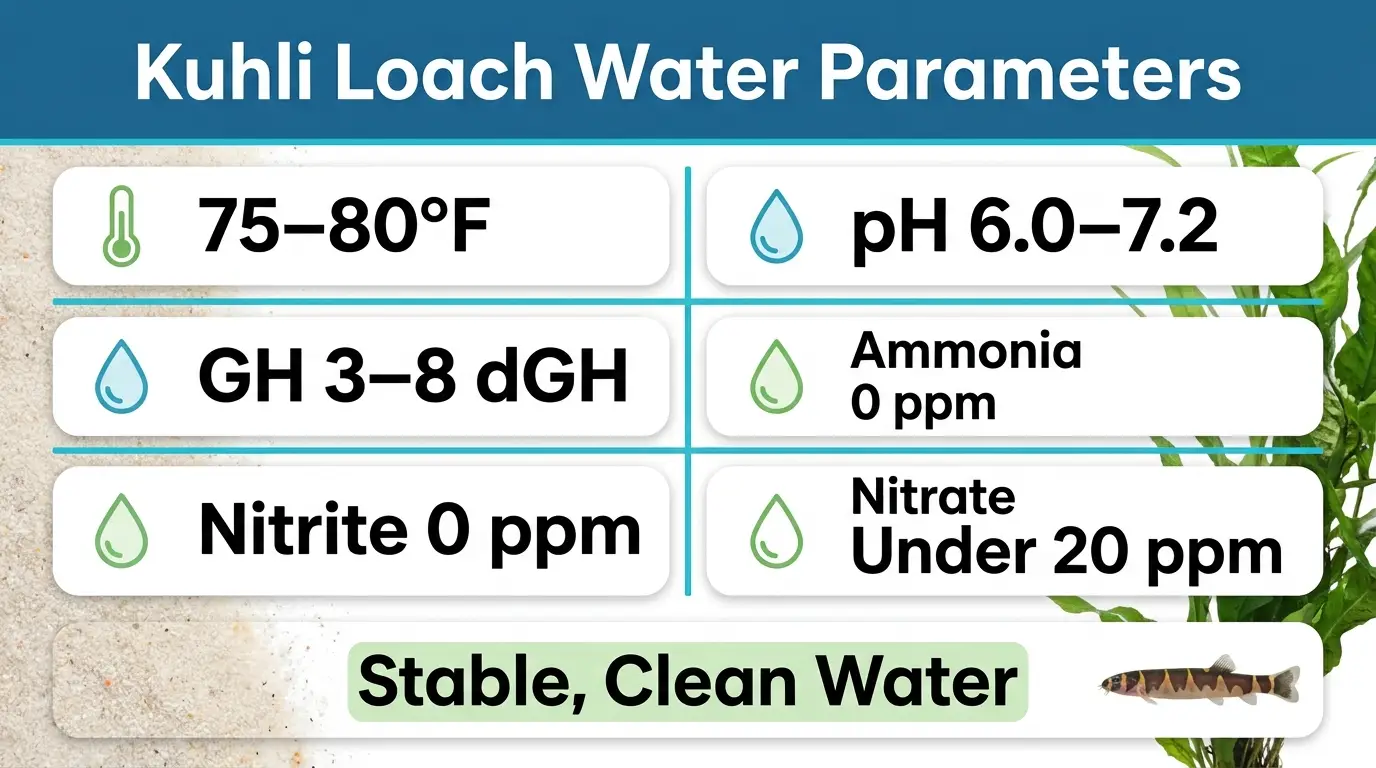 Kuhli loach water parameter guide showing temperature, pH, hardness, ammonia, nitrite, and nitrate targets.