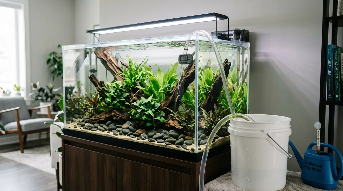 Aquarium owner performing a large water change after completing a fishless cycle
