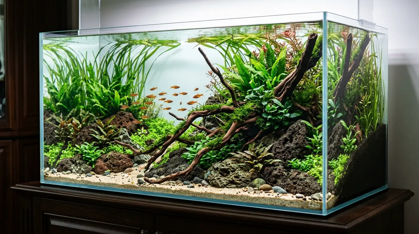 A planted freshwater aquarium with a gently sloped deep substrate bed supporting tall plants and natural aquascape depth.