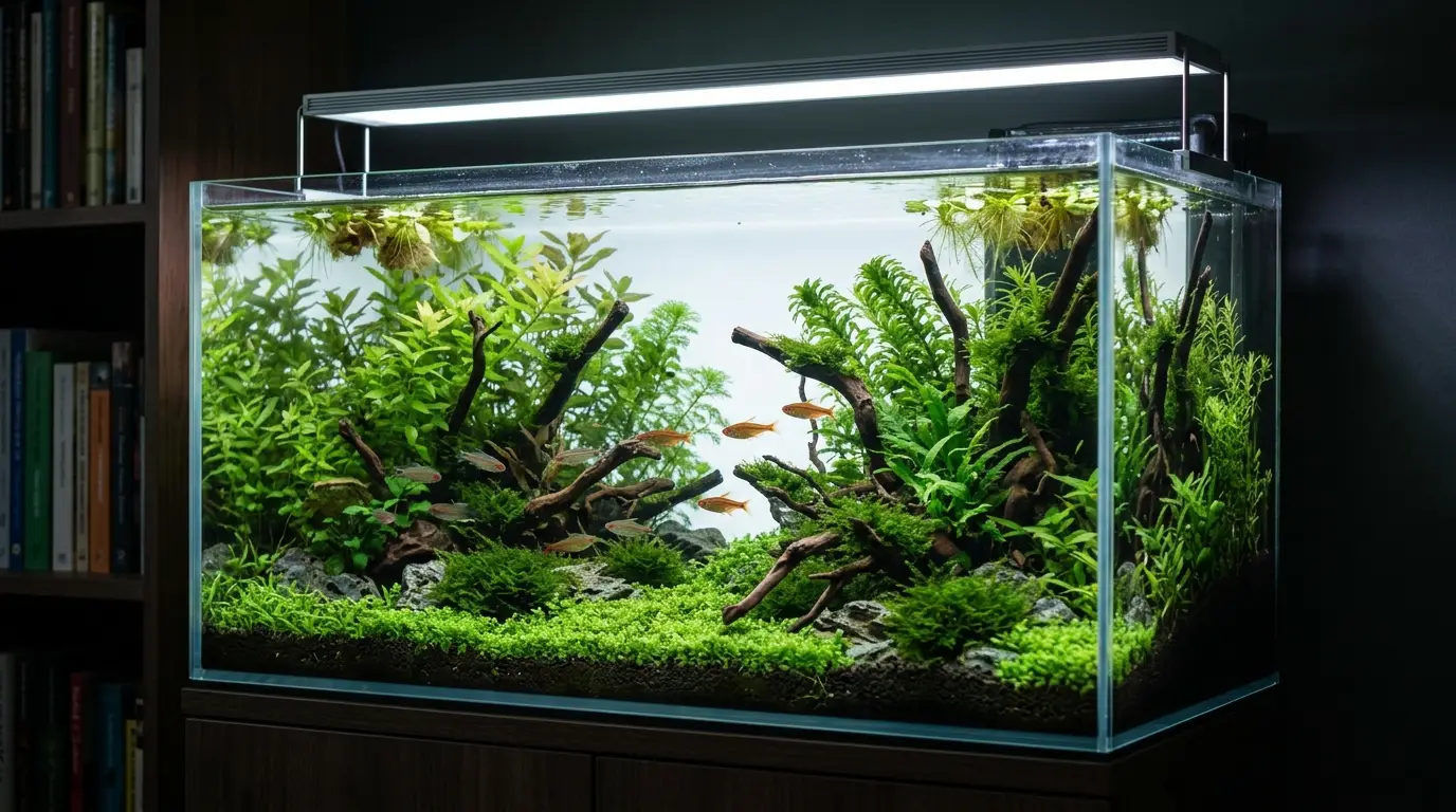 Planted aquarium under controlled LED lighting with healthy plants and clear water