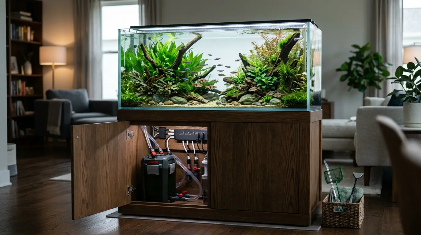 A mature home aquarium with organized equipment, accessible maintenance areas, moisture protection, and a clean safe installation.