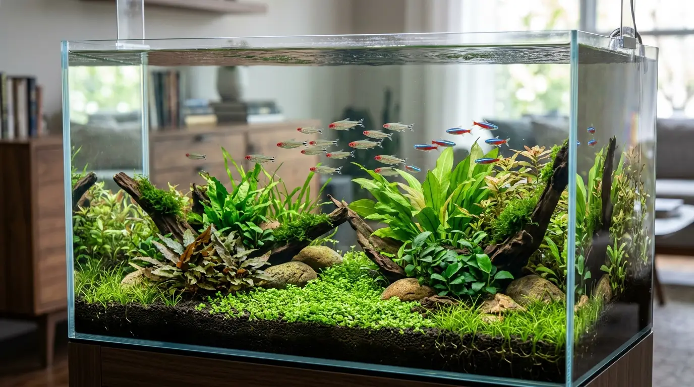 A mature planted freshwater aquarium with healthy rooted plants, clean substrate, trimmed vegetation, and balanced aquascaping.