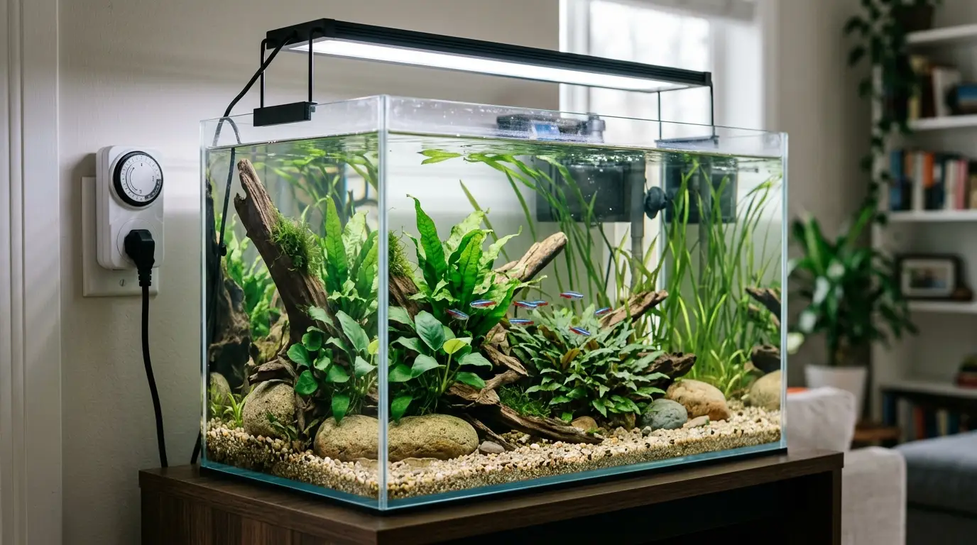 A simple low-tech planted aquarium using a basic LED light, natural substrate, hardy plants, and no injected CO2 system.