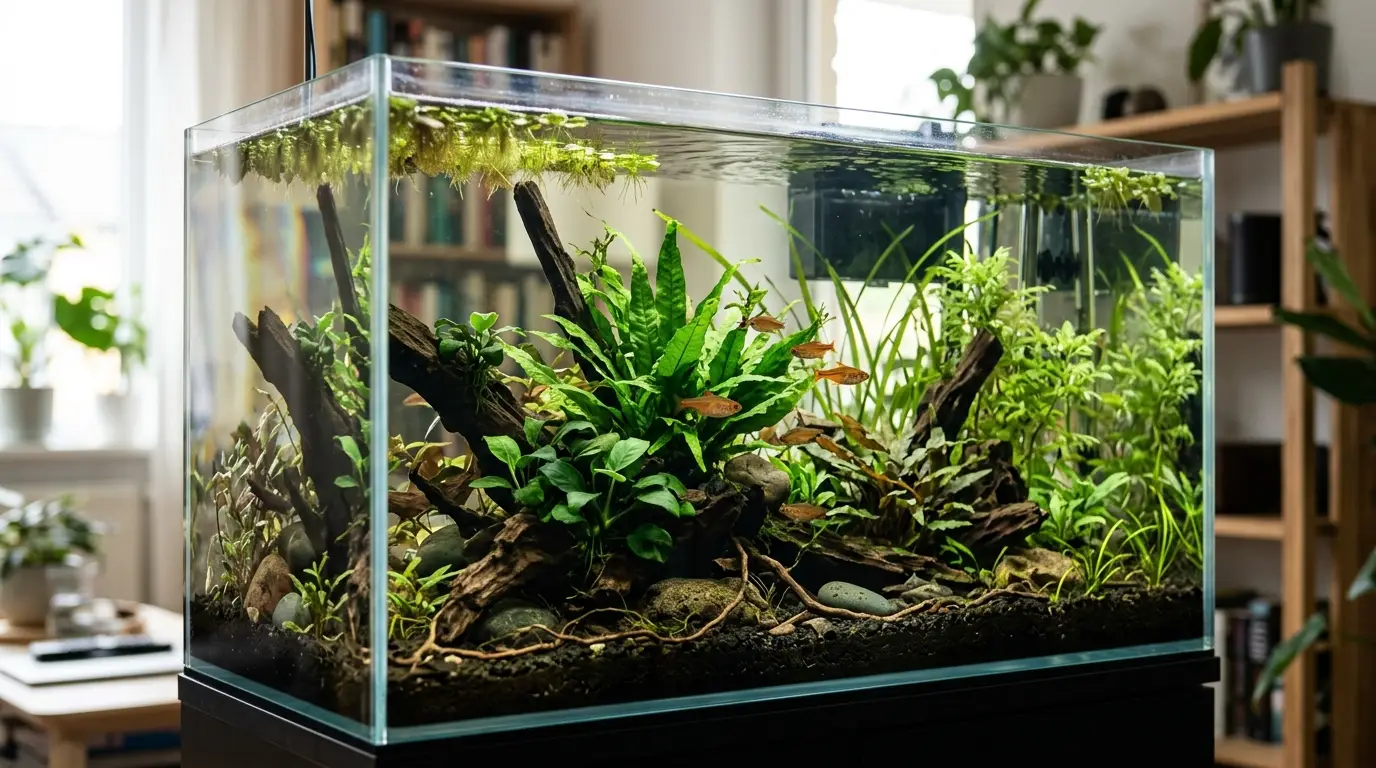 A lush low-tech freshwater planted aquarium thriving without visible CO2 equipment, featuring hardy plants and natural aquascaping.