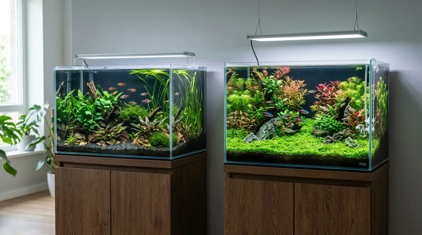 Comparison between a low-tech planted aquarium without CO2 and a high-tech aquascape with CO2 injection.