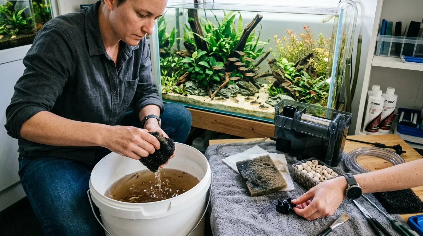 Aquarist cleaning sponge filter and hang on back filter media using removed aquarium water.