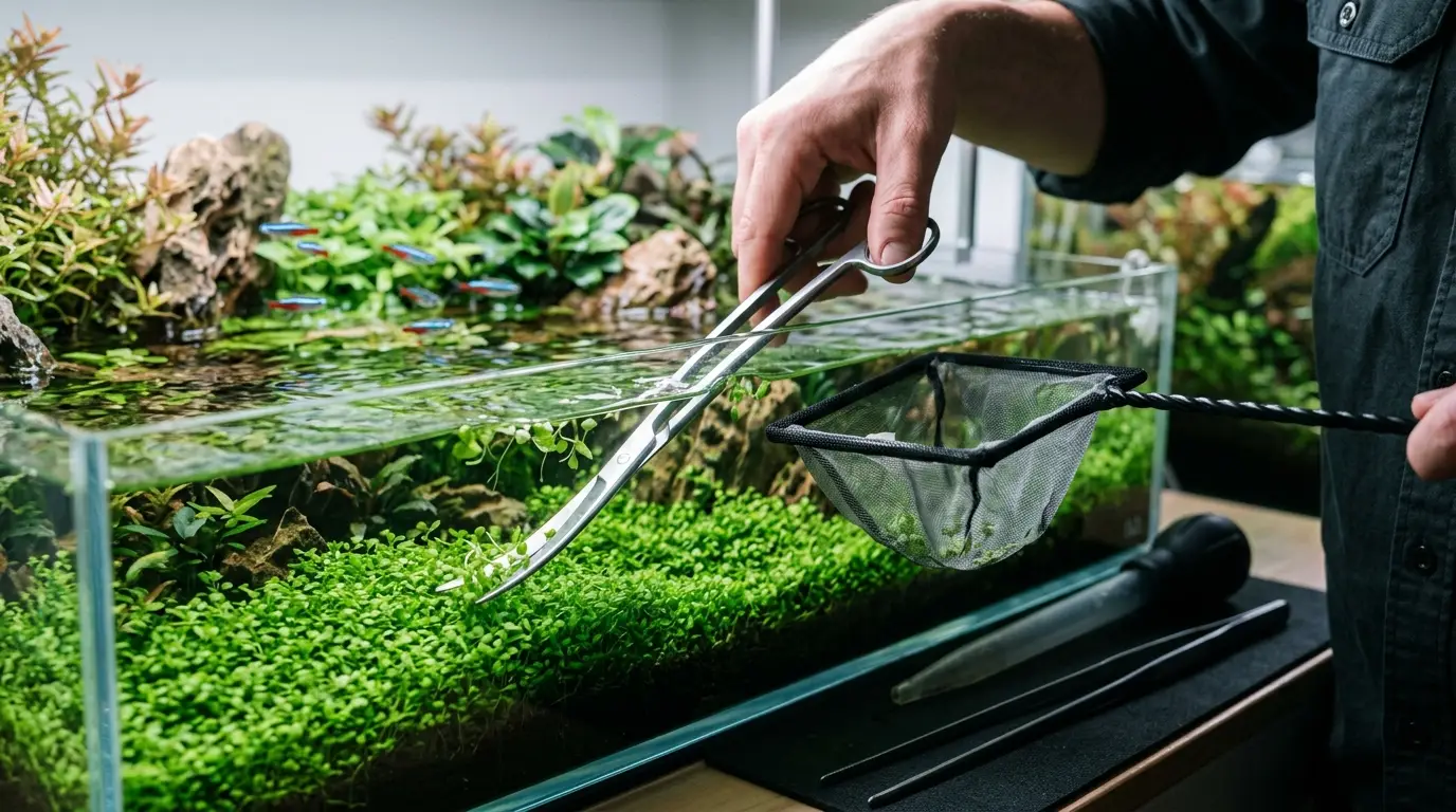 Aquascaper trimming a dense foreground carpet with curved aquarium scissors while removing plant clippings with a fine net