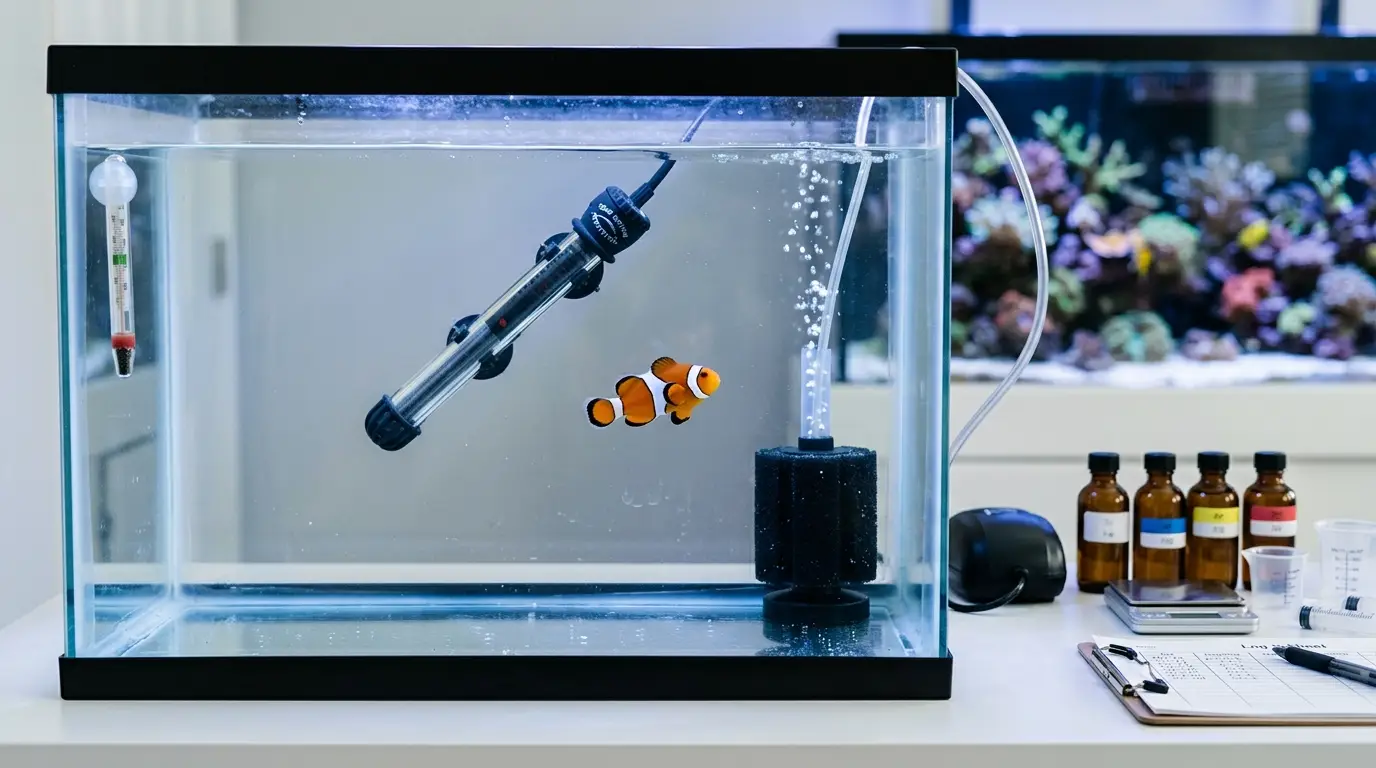 Marine aquarium fish being treated in a separate quarantine tank for white spot disease