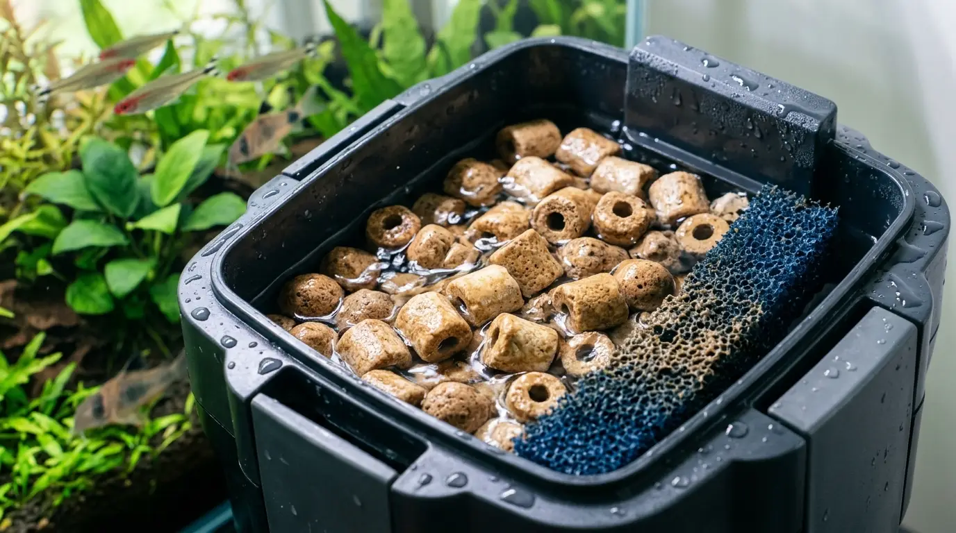 Aquarium filtration system showing established biological media and the importance of protecting beneficial bacteria