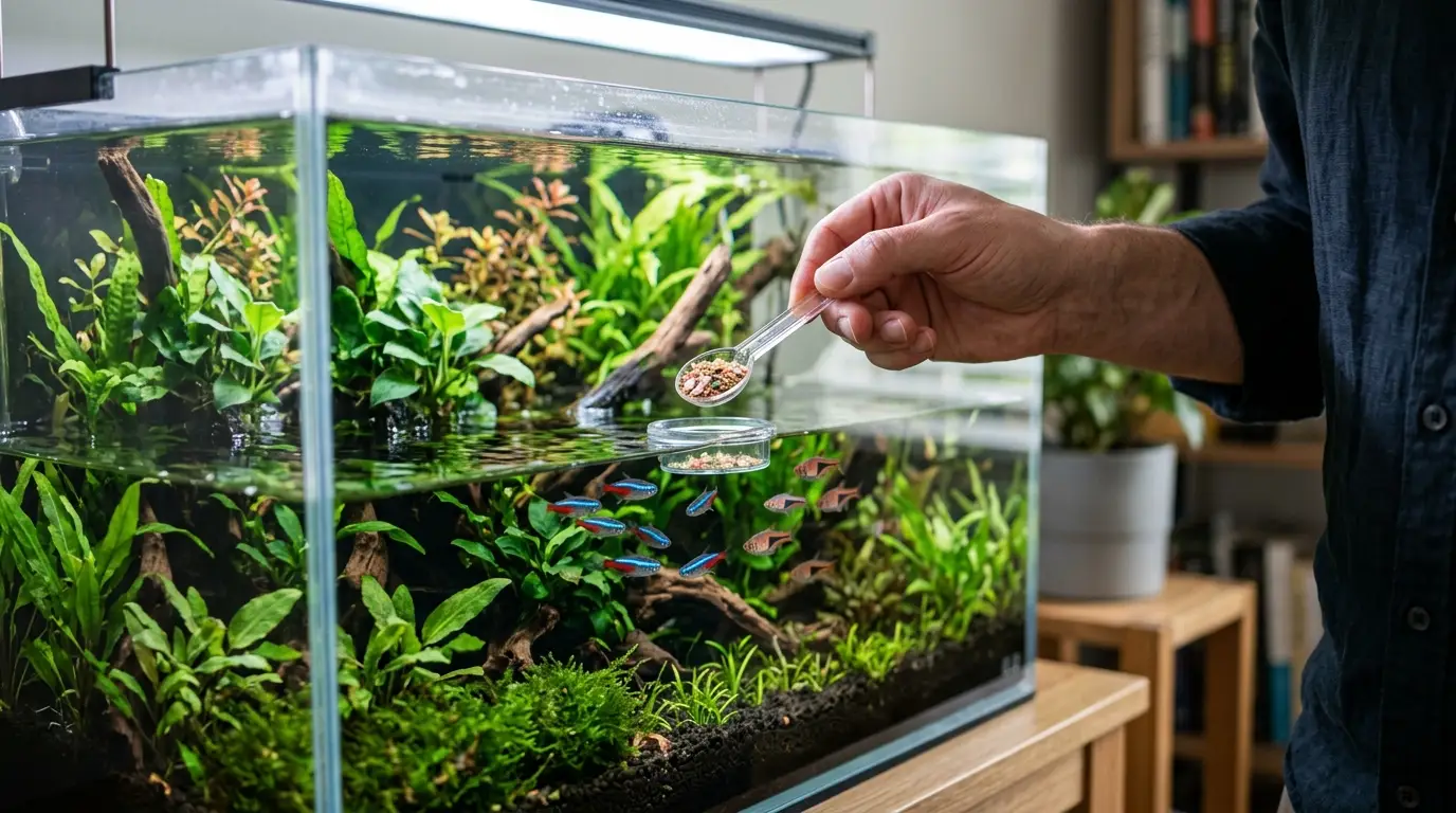 A carefully controlled small portion of aquarium fish food being prepared for a planted community tank.