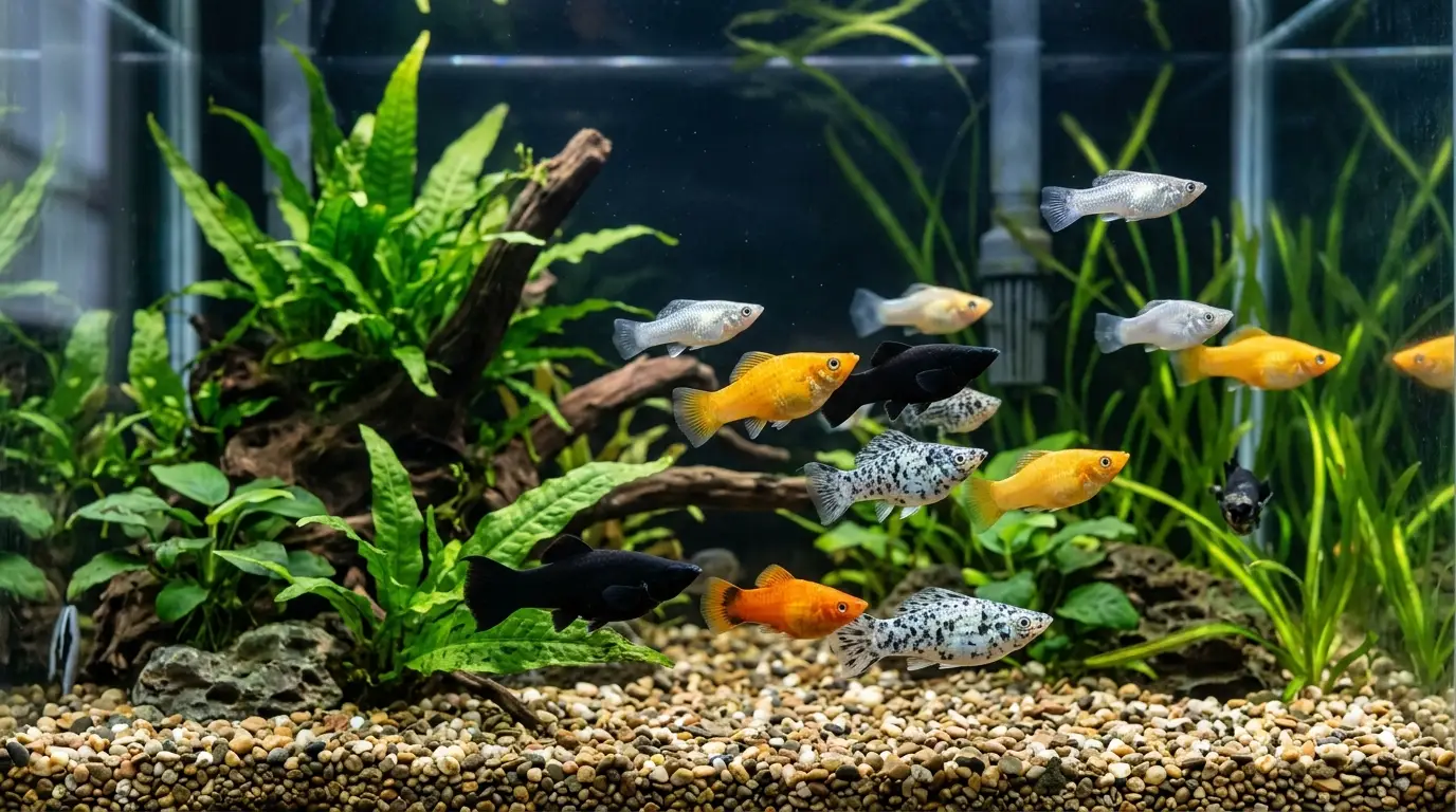 Active mollies swimming together in a planted aquarium with open space and natural cover