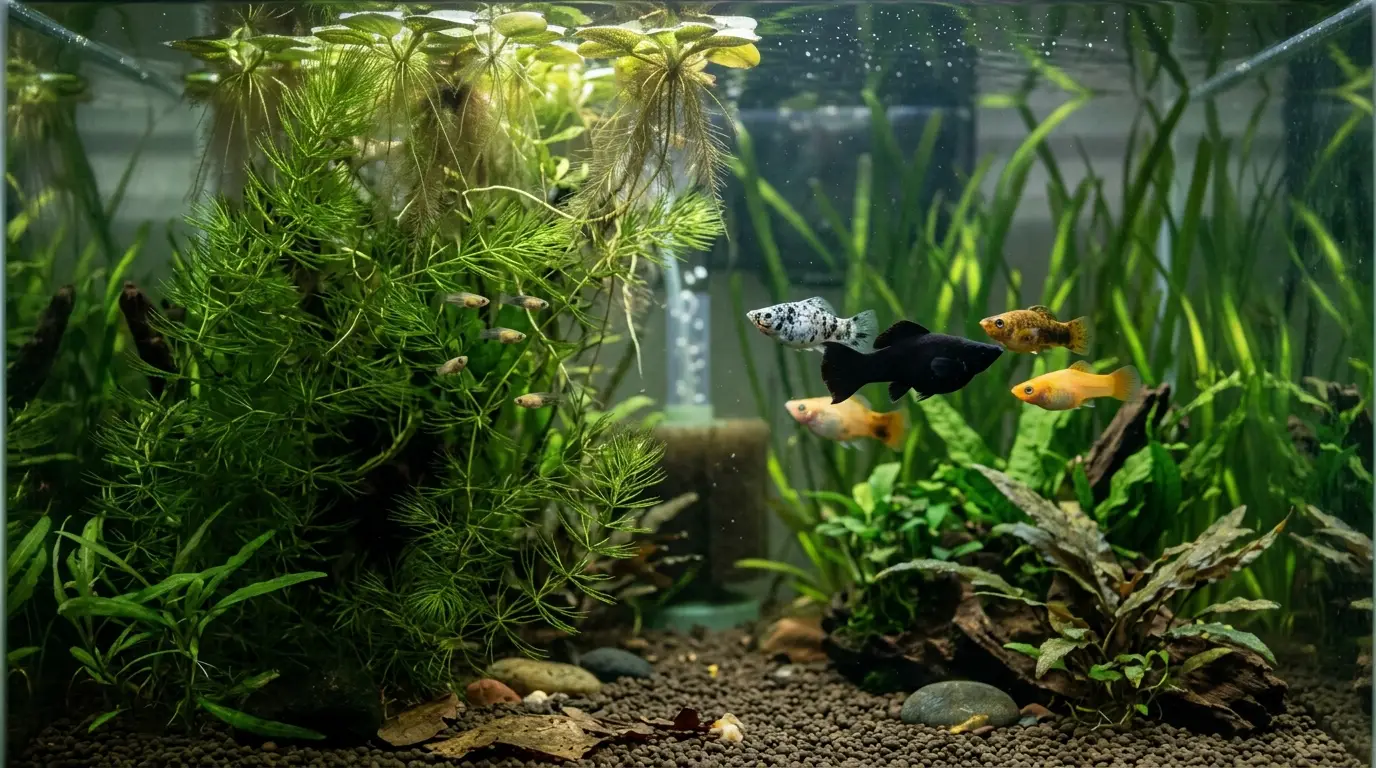Adult mollies and newborn fry sheltered among dense aquarium plants