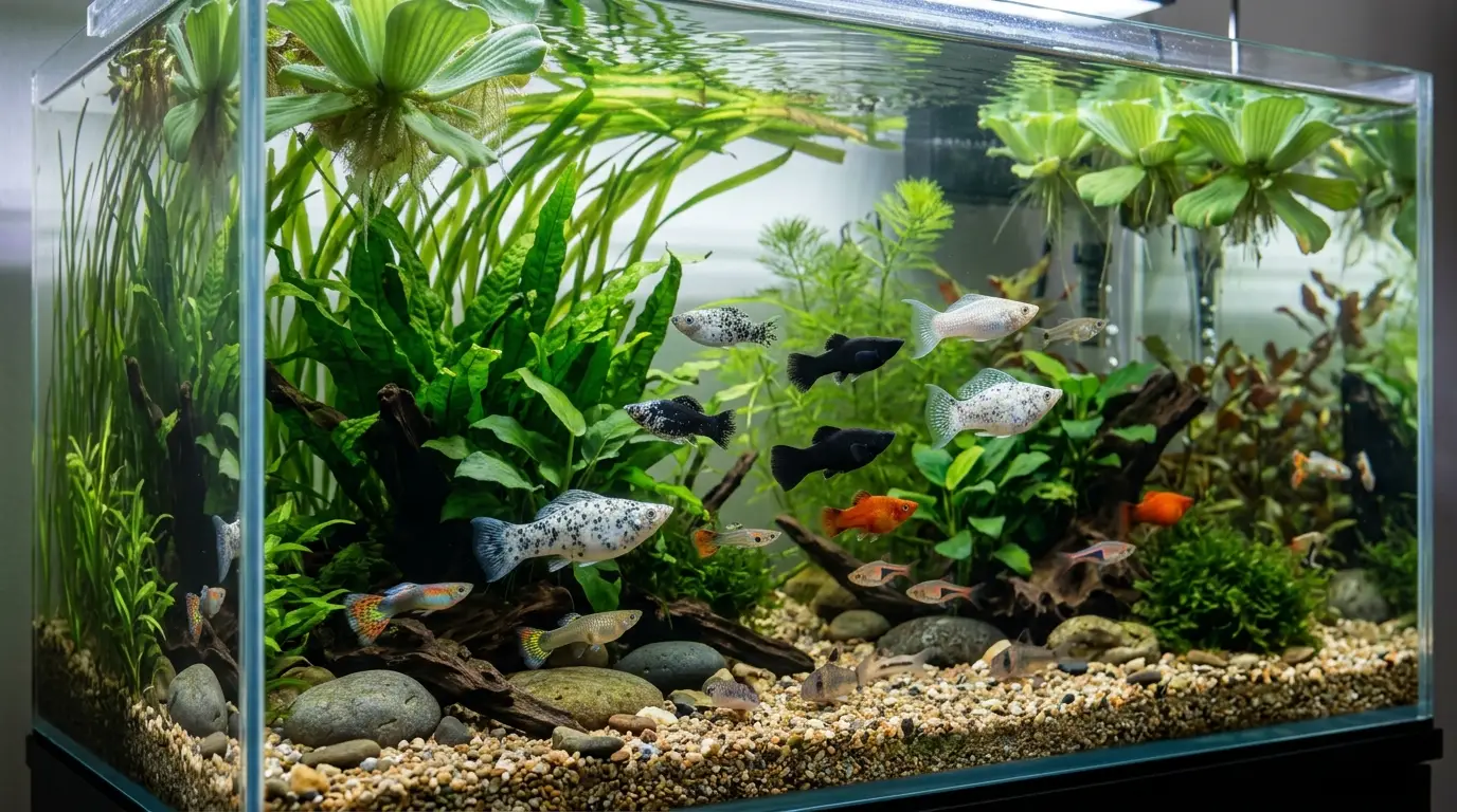 Mollies swimming peacefully with compatible community fish in a planted aquarium