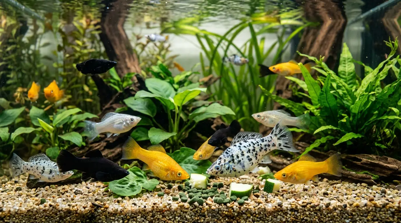 Mollies feeding on spirulina food and blanched vegetables in a planted aquarium