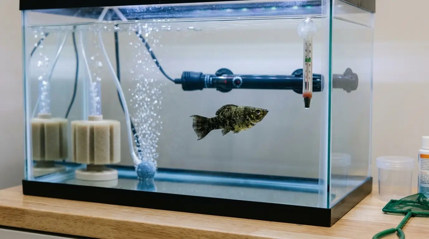 Molly fish in a clean quarantine aquarium with gentle aeration and simple equipment