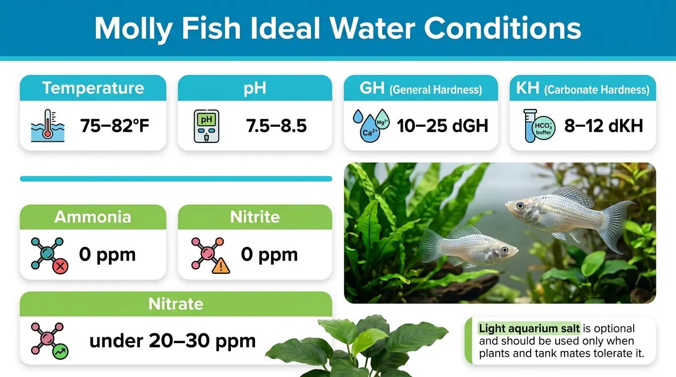 Educational aquarium graphic showing ideal temperature, pH, hardness, KH, ammonia, nitrite, and nitrate ranges for mollies